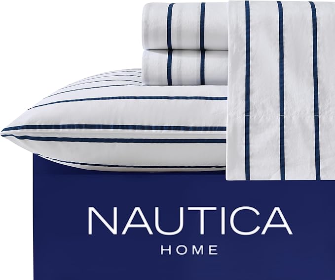 Nautica - King Sheet Set, Cotton Percale Bedding Set, Crisp & Cool, Lightweight & Breathable (Brenton Stripe Navy Blue, King)