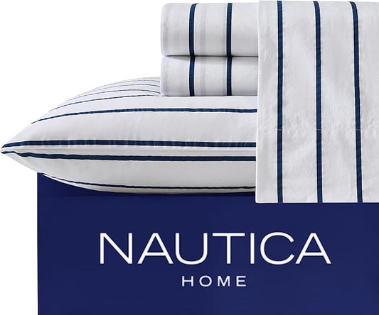 Nautica - King Sheet Set, Cotton Percale Bedding Set, Crisp & Cool, Lightweight & Breathable (Brenton Stripe Navy Blue, King)