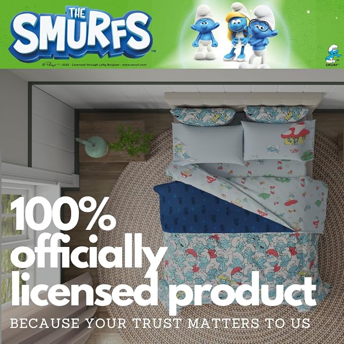 The Smurfs Kids Bedding Super Soft & Cozy Reverisble Microfiber Comforter and Sheet Set with Sham, 7 Piece Full Size, (Officially Licensed Product) By Franco
