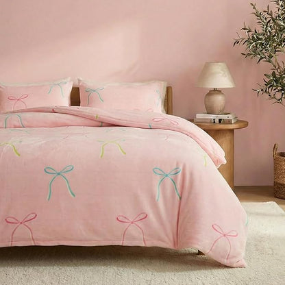 Bedbay Pink Bow Comforter Set Queen Size Warm Fluffy Fleece Bedding Set Cute Bowknot Teen Girls Ultra Soft Plush Velvet Comforter Queen Bed Set Sweet Bow Tie Dreamy Princess Style Bedding 3 Pcs
