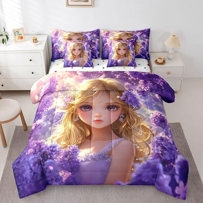Erosebridal Japanese Anime Bed in A Bag for Kids Girls,Kawaii Lavender Girl Bedding Set Romantic Dreamy Cartoon Girl Twin Comforter Set 7 Piece Purple Aesthetic Cherry Blossom Butterfly Bed Set
