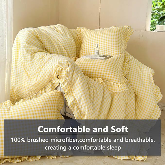 NSNLGSGC Yellow Ruffle Gingham Comforter Set Twin, Pre-Washed Ruffled Plaid Checked Comforter Bedding, 2 Pieces Vintage Farmhouse Grid Bedding Set(Yellow Gingham, Twin)