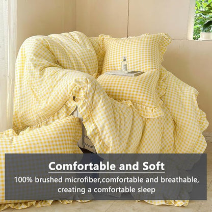 NSNLGSGC Yellow Ruffle Gingham Comforter Set Twin, Pre-Washed Ruffled Plaid Checked Comforter Bedding, 2 Pieces Vintage Farmhouse Grid Bedding Set(Yellow Gingham, Twin)