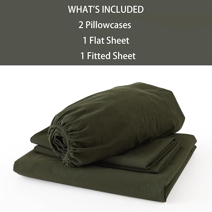 JIYUAN King Size Sheet Set, 4-Piece - 100% Washed Cotton, Linen-Like Soft & Breathable, Includes Deep Pocket Fitted & Flat Sheet with 2 Pillowcases, Hotel Quality, Solid Olive Green