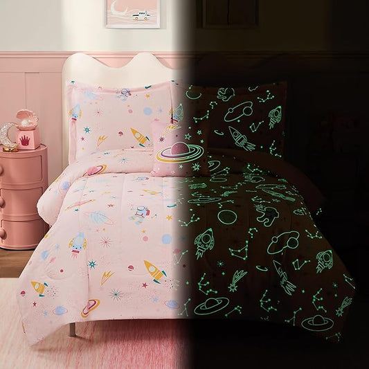 Full Size Comforter Set for Girls-4 Pieces Space Glow in the Dark Full Bedding Sets for Kids, 1 Comforter, 2 Shams and 1 Decor Pillow