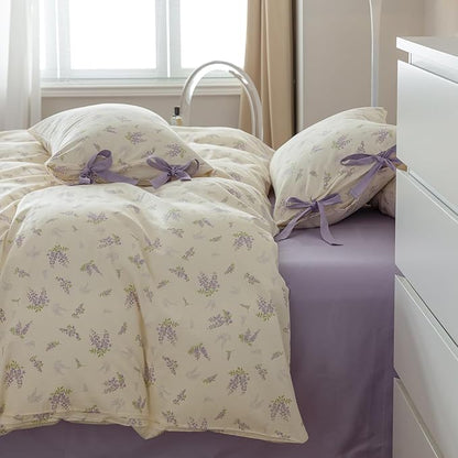 VM VOUGEMARKET Purple Flower Duvet Cover Set Twin 3 Pieces Girls Cottagecore Bedding Set 100% Cotton Lilac Floral Comforter Cover with Zipper Closure,Vintage Country Bedding-Lavender,68x86 Inch