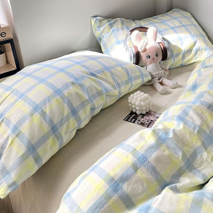 EAVD Buffalo Plaid Duvet Cover Twin Soft Washed Cotton Bedding Set Yellow Blue Grid Checkered Bedding Set with 2 Pillowcases Vintage Style Gingham Duvet Cover with Zipper Closure
