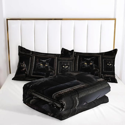 Black Cat Comforter Set for Girls - Kawaii Twin Size Bedding for Teens, Cute Room Decor