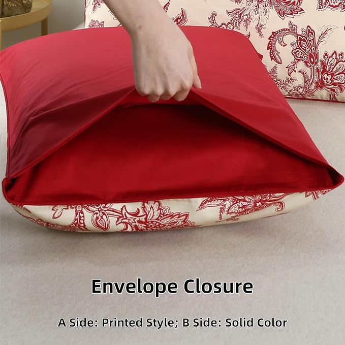 WINLIFE Ultra Soft Set of 2 Pillowcases Floral Printed 100% Cotton Pillow Cases Envelope Closure Queen 20x30'', Vintage Red Paisley