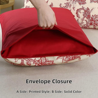 WINLIFE Ultra Soft Set of 2 Pillowcases Floral Printed 100% Cotton Pillow Cases Envelope Closure Queen 20x30'', Vintage Red Paisley