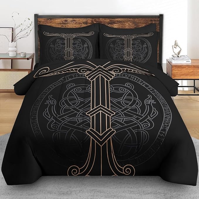 Comforter Set Queen Size, Tree Viking Norse 7 Pcs Bedding for Kids and Adults, Dragon Medieval Gothic Bed Sheet Sets with Fitted Sheet 2 Pillowcases & 2 Shams for Bedroom Bed Decor