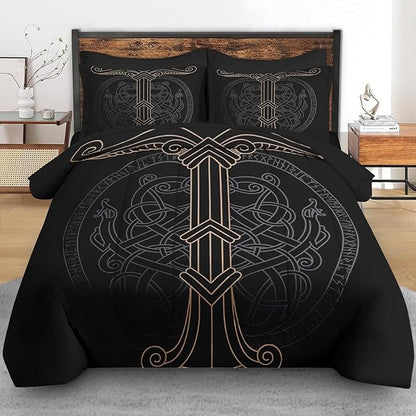 Comforter Set Queen Size, Tree Viking Norse 7 Pcs Bedding for Kids and Adults, Dragon Medieval Gothic Bed Sheet Sets with Fitted Sheet 2 Pillowcases & 2 Shams for Bedroom Bed Decor