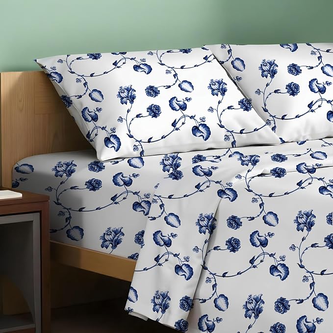 TEXAS LINEN CO. 100% Organic Cotton Printed Sheets Queen Size - 4 PC Organic Cotton Percale Sheets Queen Set (Floral Blue), Cooling & Breathable Sheet, 16" Deep Pocket Hotel Bedding - GOTS Certified
