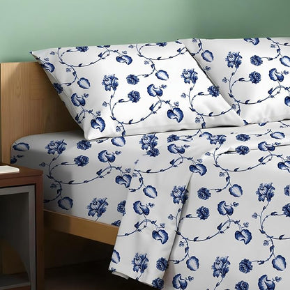 TEXAS LINEN CO. 100% Organic Cotton Printed Sheets Full Size - 4 PC Organic Cotton Percale Sheets Full Set (Floral Blue), Cooling & Breathable Sheet, 16" Deep Pocket Hotel Bedding - GOTS Certified