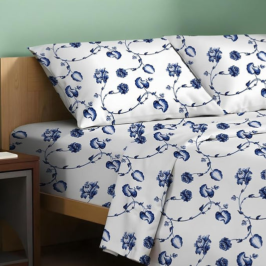 TEXAS LINEN CO. 100% Organic Cotton Printed Sheets California King Size - 4 PC Organic Cotton Cal King Percale Weave Sheet Set, Soft, Cooling & Crisp, 16" Deep Pocket Hotel Bedding Set - Floral Blue