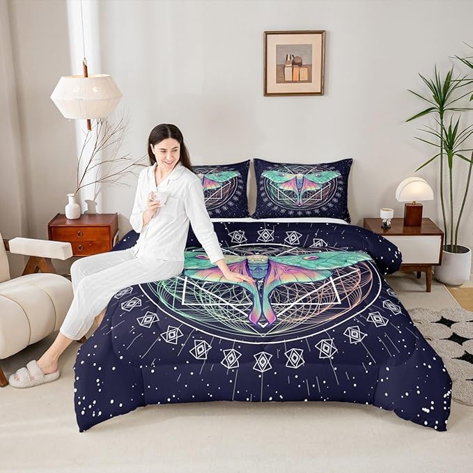 Erosebridal Moth Butterfly Bedding Set - King Size Gothic Decor Down Comforter & Duvet Set for Kids' Rooms - Navy Blue