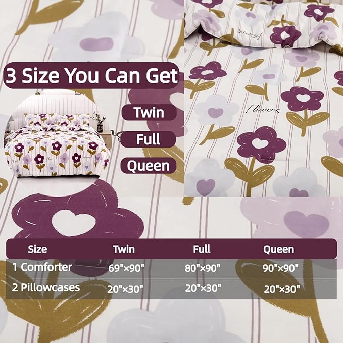 SDIII Purple Floral Comforter Set Queen 3 Pieces, Soft Microfiber Lightweight Vintage Floral Queen Comforter Set, Vintage Bedding for All Season