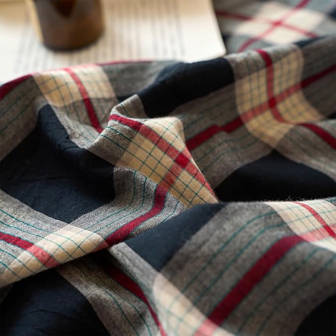 EAVD Vintage Black Plaid Gingham Comforter Set King Soft 100% Washed Cotton Black&Green&Red Grid Checkered Bedding Set with 2 Pillowcases Farmhouse Retro Plaid Comforter Set for All-Season