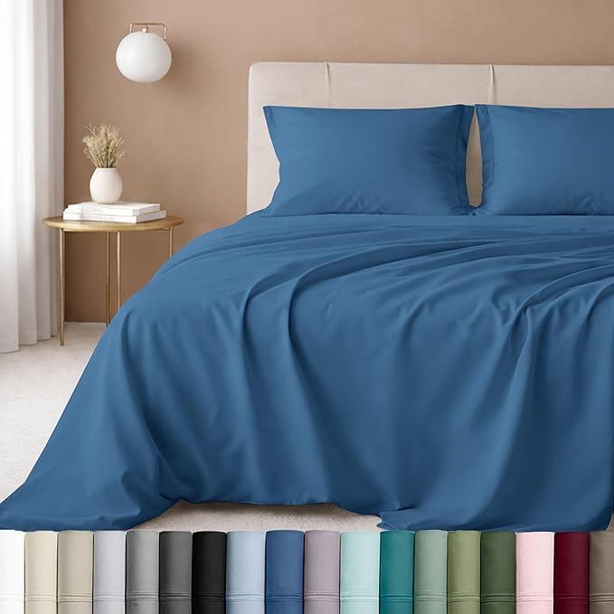 California Design Den King Sheets Cotton Set - Luxury 600 Thread Count Sateen, Natural 100% Cotton Bed Sheets King Size, Durable Fully Elasticized Deep Pockets - Parisian Blue