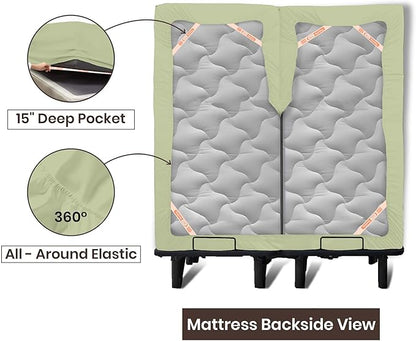 SGI bedding Adjustable Split Head Flex Top Cal King 32" Microfiber Sheet Set Ultra Soft, Cooling & Deep Pocket 15 Fitted, 4-Piece Breathable & Durable Bedding Set for Split Cal King Beds -Sage