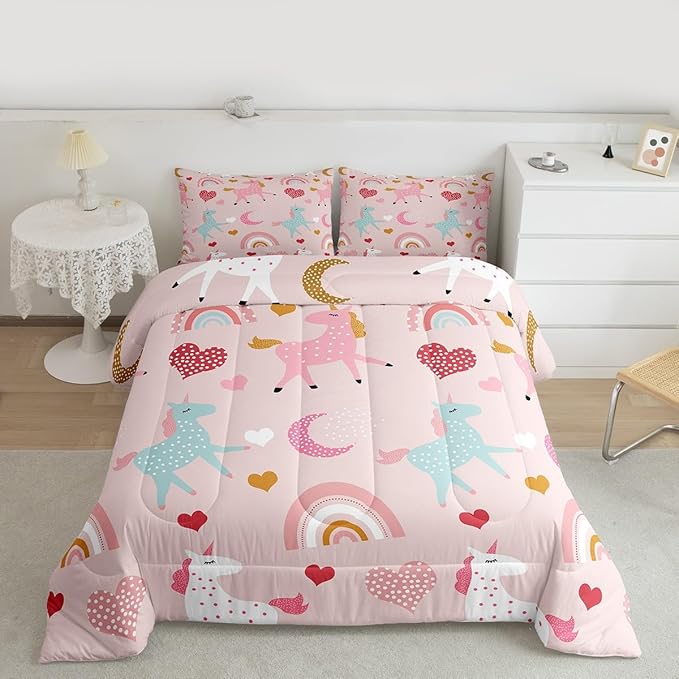 Feelyou Unicorn Comforter Set Kids Cute Cartoon Unicorns Decor Comforter for Girls Pink Bedding Set Rainbow Duvet Set Twin Size Quilt Boys