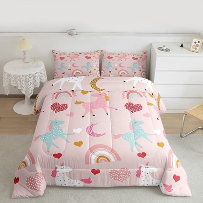 Feelyou Unicorn Comforter Set Kids Cute Cartoon Unicorns Decor Comforter for Girls Pink Bedding Set Rainbow Duvet Set Twin Size Quilt Boys