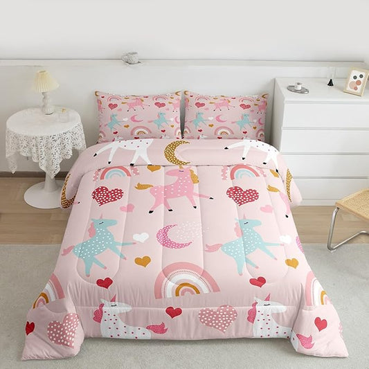 Feelyou Girls Unicorn Comforter Set Queen Size Kids Cute Pink Rainbow Horse Decor Comforter for Unicorn Lover Daughter Bedding Set Boho Star Moon Duvet Set (1 Comforter + 2 Pillowcases, Queen)