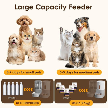 2 in 1 Automatic Gravity Cat Dog Feeder and Water Dispenser with 304 Stainless Steel Bowls, 360 Degree Rotatable Auto Food with 2 Specialized Brushes for Small Medium Pet Dog Puppy Kitten (Gray)