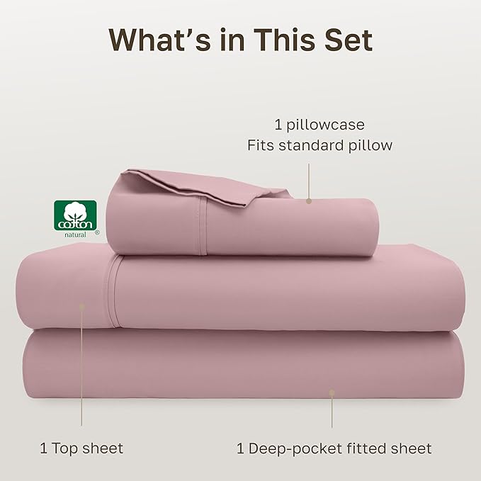 California Design Den Twin XL Bed Sheets Set - 400 Thread Count Sateen, Natural 100% Cotton Twin XL Sheet Set, Deep Pockets, All Around Elastic, Durable Bedding for Dorm Room - Mauve