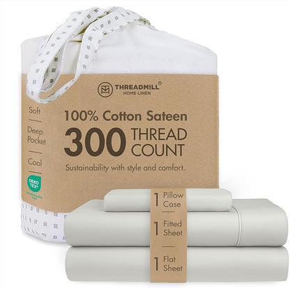 Threadmill 100% Cotton Twin Sheet Set | Soft Breathable 3-Piece Cooling Sheet Set | Light Grey