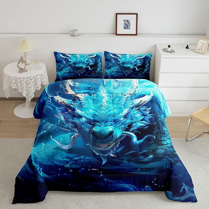 3D Dragon Comforter Set Queen Size,Western Magical Dragon Gothic Bedding Set for Kids Boys Teens Men Room Decor,Waterdrop Nature Animal Duvet Insert 3Pcs,Wildlife Retro Quilt Set,2 Pillowcases
