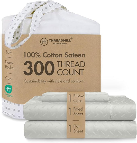 Threadmill Cotton Twin XL Sheet Set | 100% Cotton Sheets for Twin XL Size Bed | Damask Jacquard Sateen Twin XL Bed Sheets Set with 16” Deep Pocket | Soft Breathable 3-Piece Cooling Sheets | Light Grey