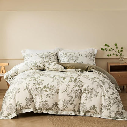 OAITE Duvet Cover Set Queen Size Floral Pattern 600 Thread Count Ultra Soft 100% Long Staple Cotton Duvet Cover Sets 3-PC, Breathable Duvet Cover with Zipper Closure & Corner Ties