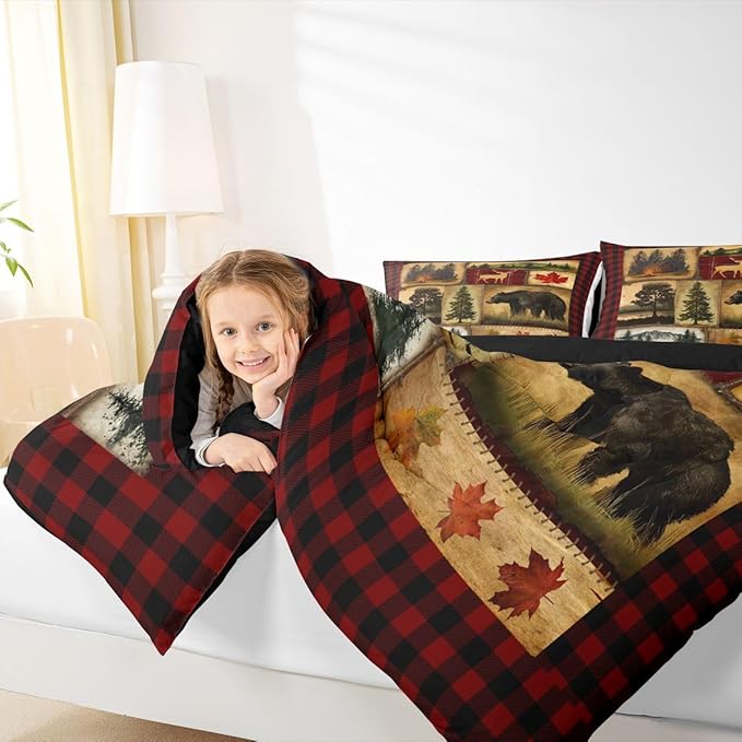 Erosebridal Rustic Comforter Set King, Farmhouse Deer Bear Cabin Plaid Christmas Bedding, Country Western Bedding Set, Woodland RV Duvet Insert, Maple Leaf Lodge Quilt Comforter, Burgundy Red Brown