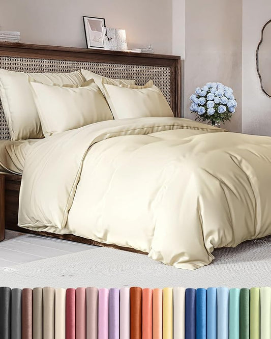 Duvet Cover Cal King Size Set - Extra Soft Cal King Duvet Cover 104" x 98" with 2 Pillow Shams - Hotel Luxury, Easy Care & Fade Free w/ Zipper Closures & Ties - Comfy, Cozy & Breathable (Off White)