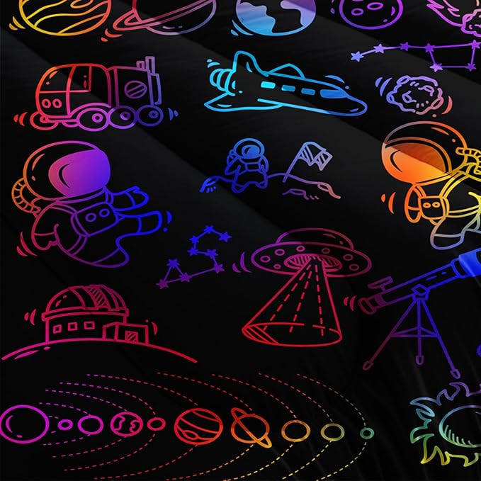 Cartoon Space Comforter Set for Kids Boys Girls,3 Pieces Outer Space Bedding King Size,Rocket Planet Spaceship Travel Toddler Bedding Set for Teen Boy Room Decor with 1 Comforter 2 Pillowcase