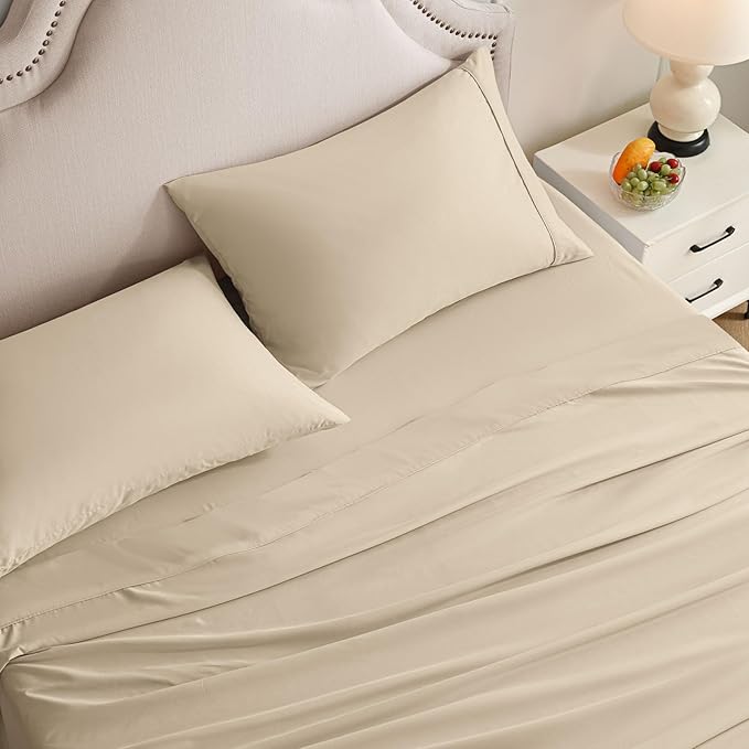 King Size Sheets Set, 4 Pieces Hotel Luxury Soft Microfiber Bed Sheets Set, Up to 16" Deep Pockets, Oeko-Tex Sheets with Elastic, Breathable, Wrinkle Free (Beige, King)