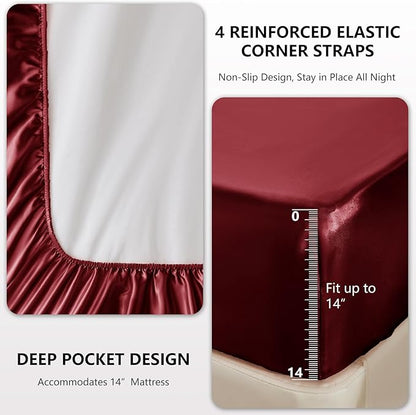 CozyLux Satin Sheets King Size Sheet Set - 4 Piece Silky King Sheets, Luxury Burgundy King Bed Set with Smooth and Soft Microfiber, Includes 1 Fitted Sheet, 1 Flat Sheet and 2 Pillowcases