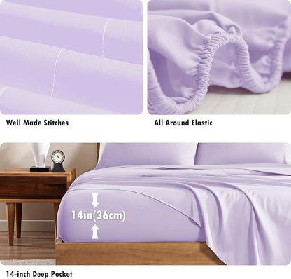 ClevaHome Queen Sheet Set, 4-Piece Bed Sheets for Queen Size Bed, Lightweight & Super Soft Easy Care Microfiber– Shrinkage & Fade Resistant Bedding Set with 14'' Deep Pockets (Lilac)