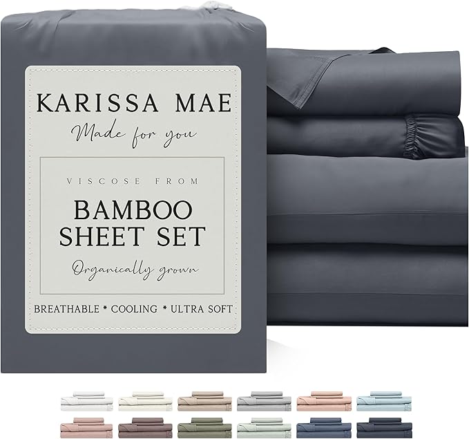 KARISSA MAE Cooling Bamboo Viscose Split King Sheet Set | 100% FSC Certified | 18” Deep Pocket | Silky, Soft, & Hypoallergenic | with Organizer Band & Elastic Corner Straps [Charcoal Grey]