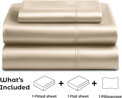 Satin Sheets Twin [3-Piece, Champagne Gold] Hotel Luxury Silky Bed Sheets - Extra Soft 1800 Microfiber Sheet Set, Wrinkle, Fade, Stain Resistant - Deep Pocket Fitted Sheet, Flat Sheet, Pillow Cases