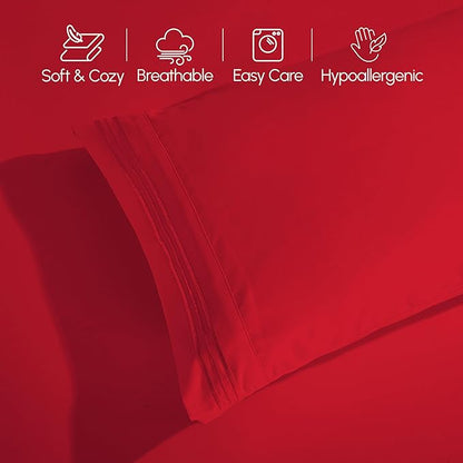Elegant Comfort Luxurious 1500 Premium Hotel Quality Microfiber Three Line Embroidered Softest 4-Piece Bed Sheet Set, Wrinkle and Fade Resistant, Full, Red