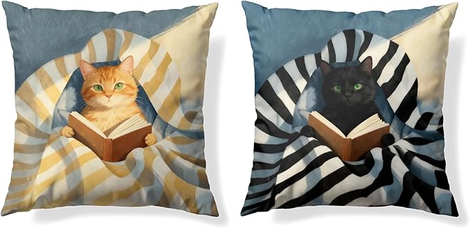 Funny Cat Reader Book Throw Pillow Cover 18 x 18 Set of 2, Gifts for Book Lovers, Reading Nook Corner Decor, Preppy Floral Black Orange Tabby Tuxedo Cats Bookish Pillowcase（01）