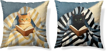 Funny Cat Reader Book Throw Pillow Cover 18 x 18 Set of 2, Gifts for Book Lovers, Reading Nook Corner Decor, Preppy Floral Black Orange Tabby Tuxedo Cats Bookish Pillowcase（01）