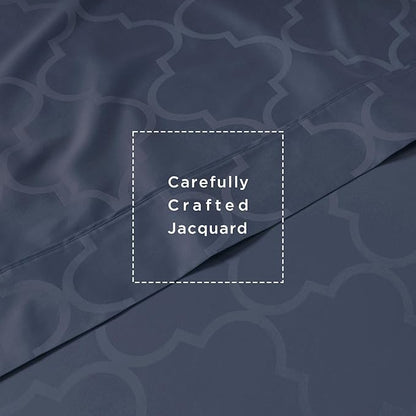 Threadmill 100% Cotton Sheets for King Size Bed | 4 Pc King Bed Sheets Set | Soft, Breathable Lightweight Damask Sateen for All-Season Use | Snug Fit Elastic Deep Pocket King Sheets | Folkstone Blue