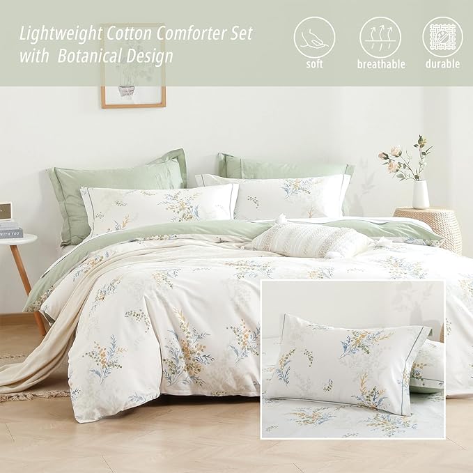 White Cotton Comforter Queen Size 3Pcs - Blue Branches & Orange and Green Buds on White, Chevron Sage Green Back, Reversible Lightweight Bedding Sets with Soft Fill(Queen, 90"×90")