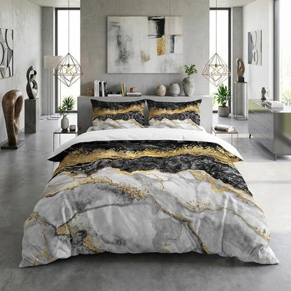 Black Grey Marble Comforter Queen Size, Abstract Modern Bedding Set with Golden River Texture, 3Pcs Soft Microfiber Quilted Comforter for All Seasons, 2 Matching Pillowcases/ 90"x90"