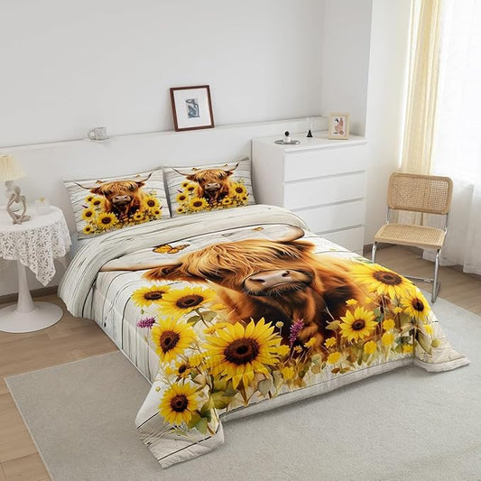 Feelyou Highland Cow Comforter Set Full Size Highland Cattle Comforter for Boys Girls Teens Animal Bedding Set Wildlife Duvet Set Room Decor Yellow Beige Quilt Set