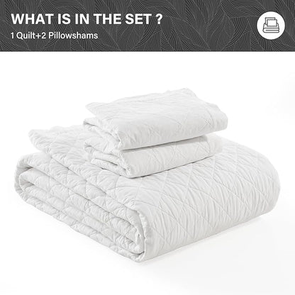 SahSahCasa Quilt Set King Size, 100% Cotton Quilt Bedding Set Bedspread, Diamond Pattern Stitching Solid Color Chic Lightweight Quilted Comforter for King Bed, White, All Season, 3 Pieces
