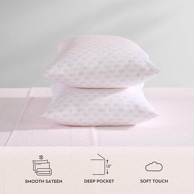 Laura Ashley - Twin Sheet Set, Crisp & Cool Sheets w/a Naturally Smooth Cotton Percale Feel, Deep Pocket, Bed Sheets with Matching Pillowcase & Fitted Sheet (Francesca Pink)
